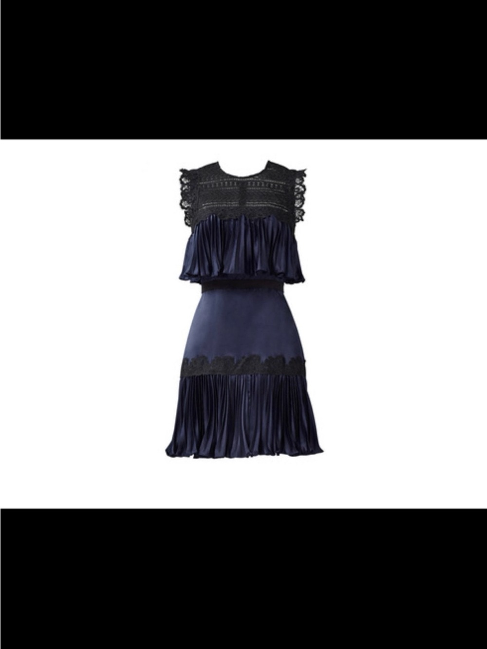 Navy Lace Trim Pleated Silk Dress